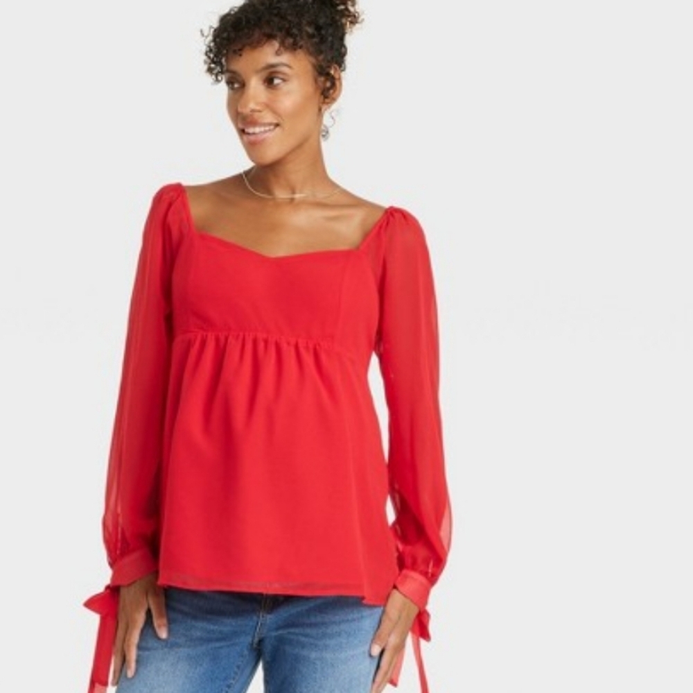 Long Sleeve Corestry Woven Maternity Shirt - Isabel by Ingrid and Isabel  Red